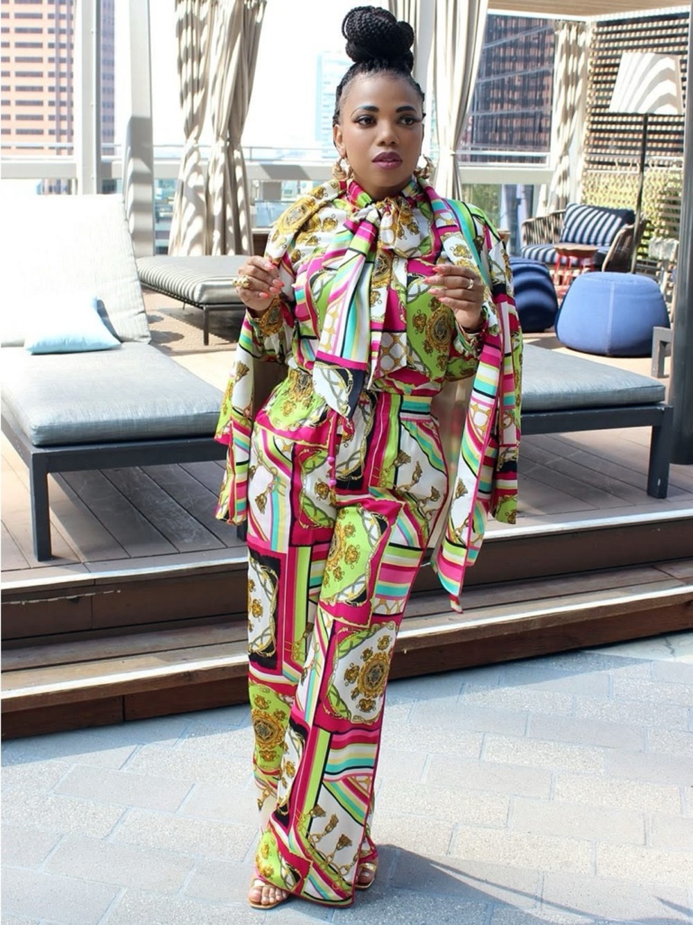 Elegant Multi-Color Printed Wide-Leg Pant Suit (Shirt not included)